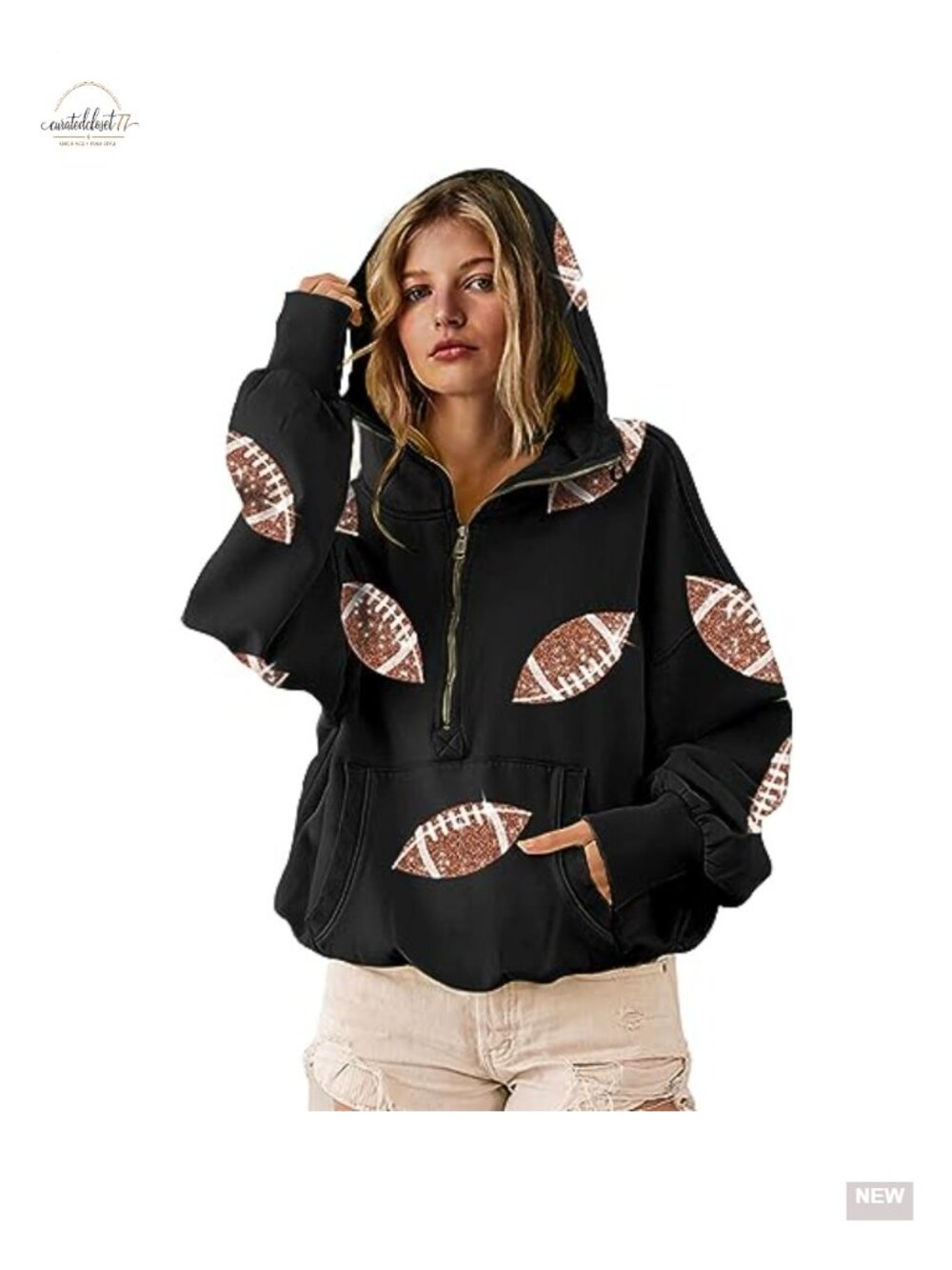 Sequin Football Hoodie Sweatshirt Half Zip Pullover Kangaroo Pocket Relaxed Fit